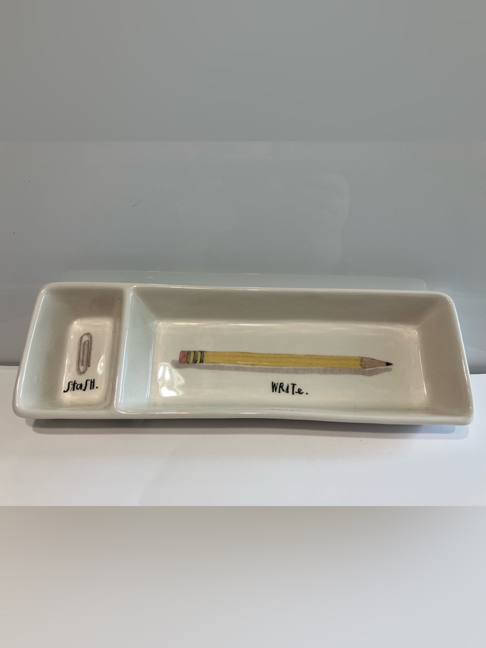 Rae Dunn 11 x 3.5 inch Stash Write two-compartment Ceramic Tray Pencil Holder